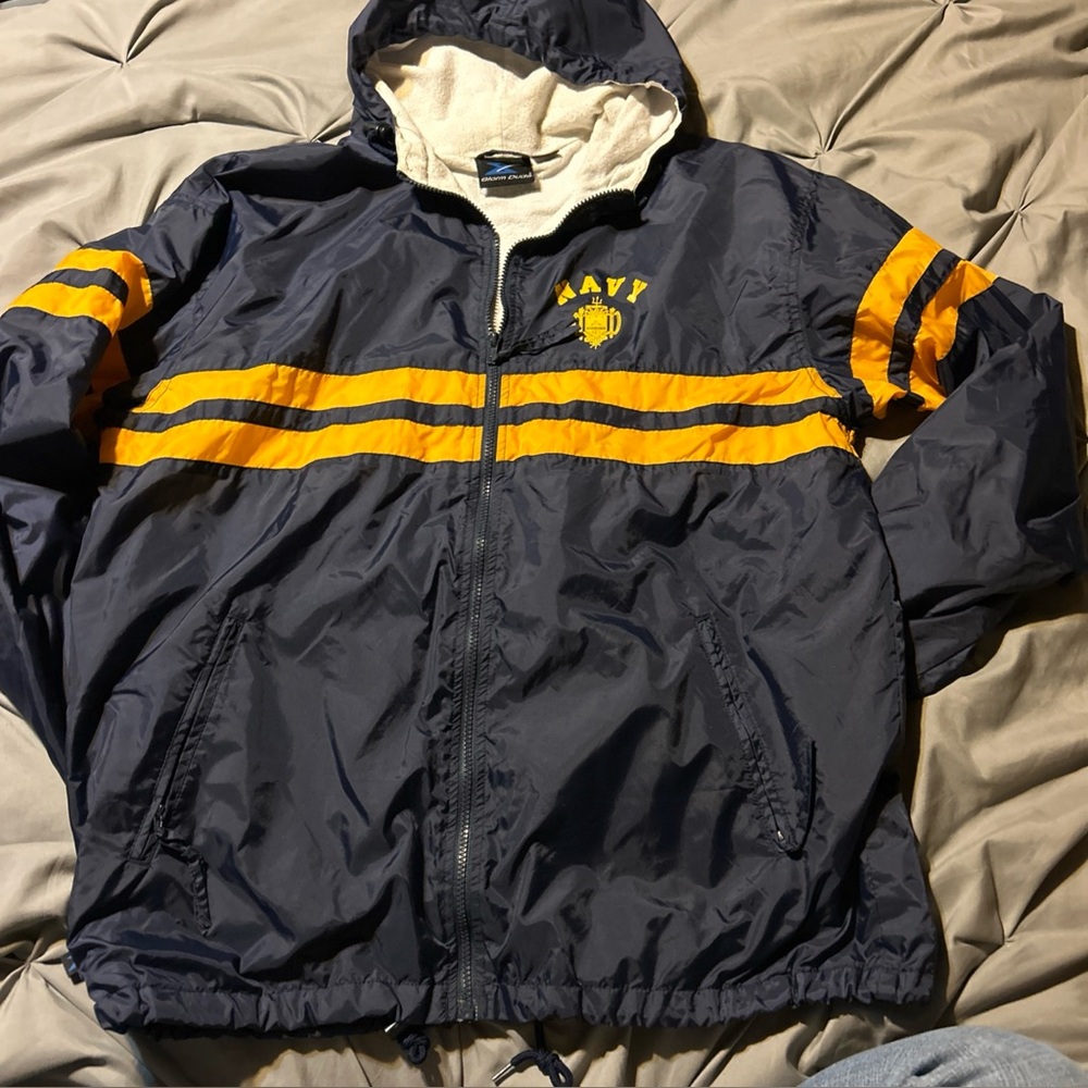 VTG Navy Windbreaker LG Storm Duds Blue Gold Hooded Jacket